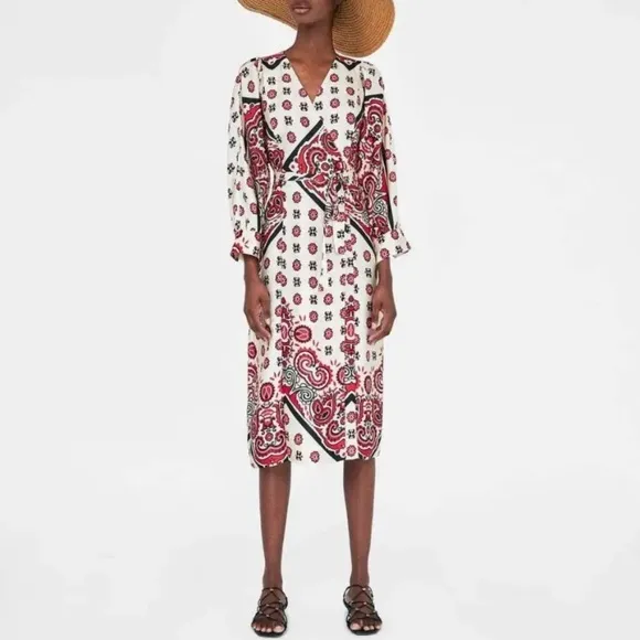 Zara paisley print wrap robe style midi dress white red