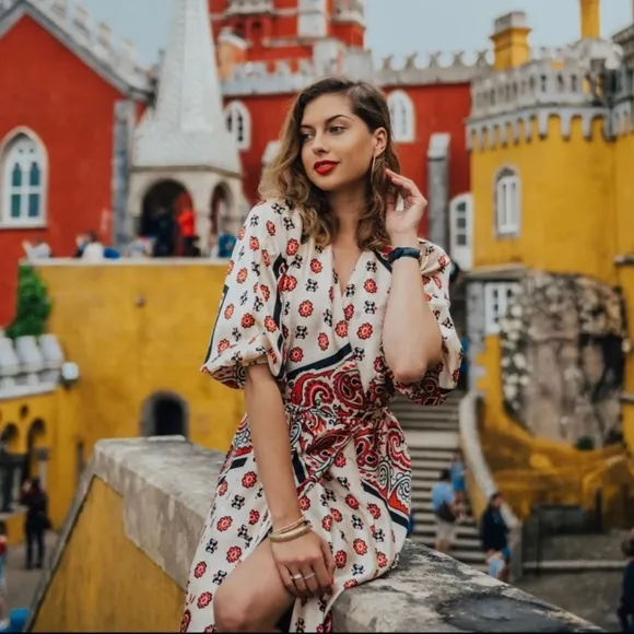 Zara paisley print wrap robe style midi dress white red